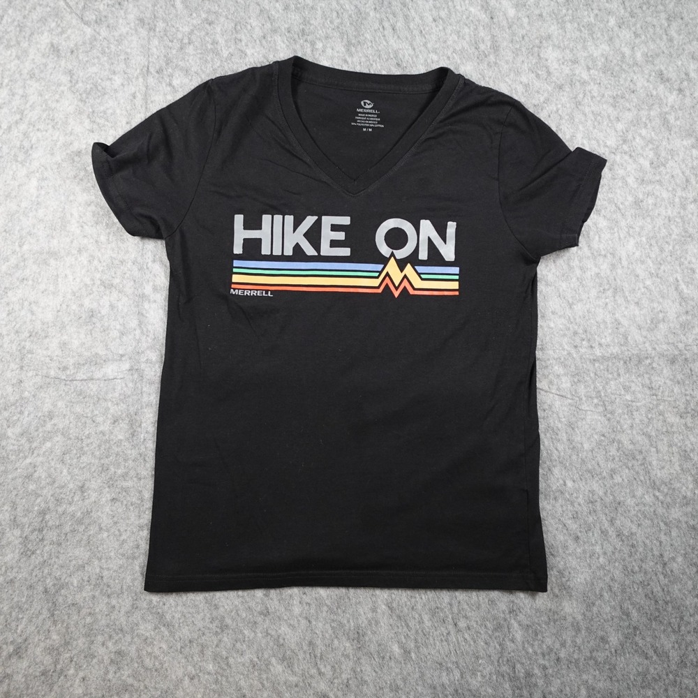 Merrell Top Womens Medium Black Hike On Graphic V Neck Cotton Blend Short Sleeve
